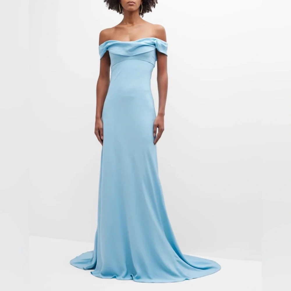Monique Lhuillier Collection Draped Off-The-Shoulder Silk Gown Blue Maxi Dress - Picture 2 of 15